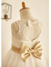 Ivory Lace Tulle Keyhole Back Knee Length Flower Girl Dress 